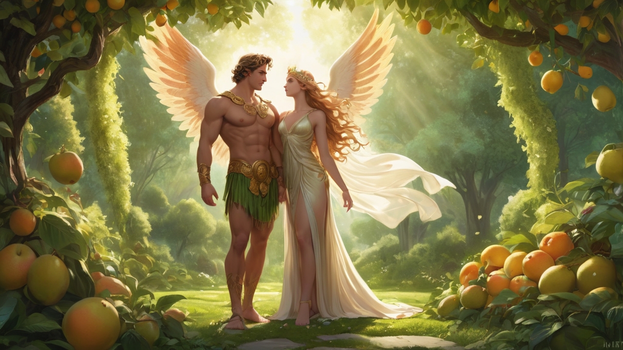 Véturno, o deus da natureza, e Pomona, a deusa dos jardins e frutas, em uma cena mitológica românica, rodeados por um jardim exuberante.